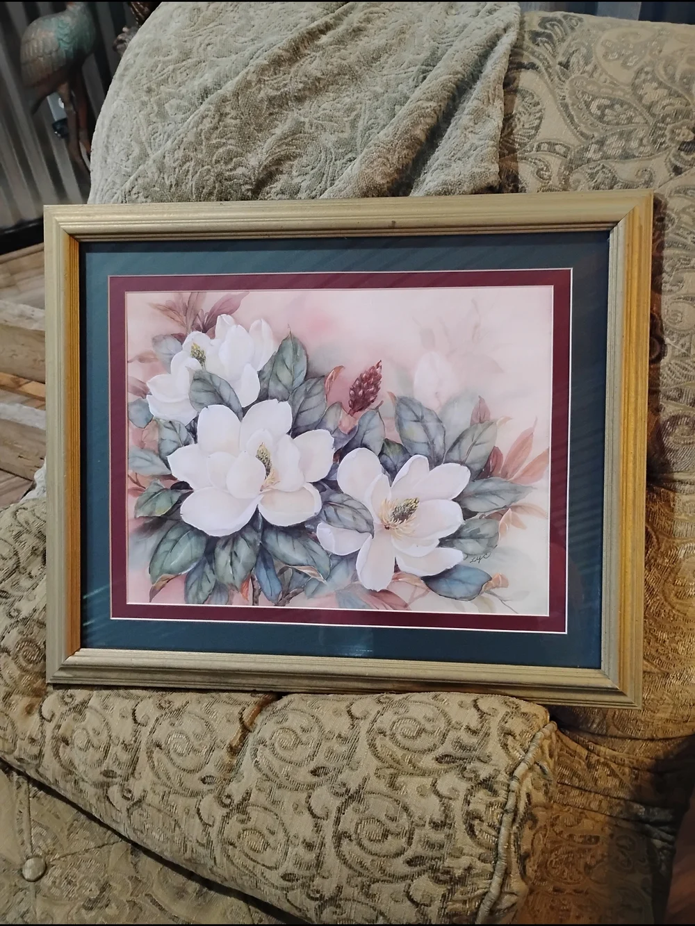 Classic White Magnolia Floral Wall Art Print with Gold Frame